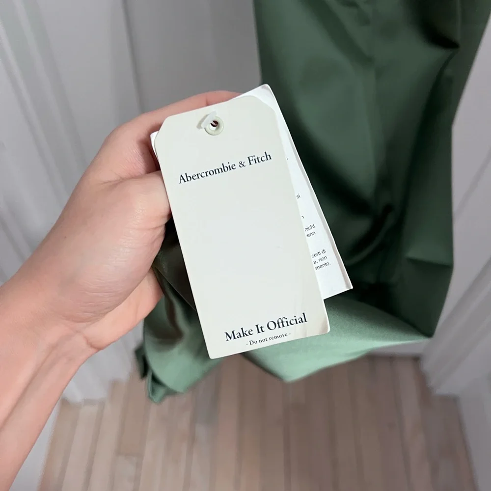 Abercrombie Sculpting Stretch Satin Midi Dress Square-Neck Olive Green - Picture 6 of 12